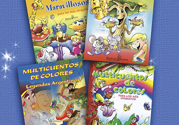 Serie de cuatro libros de cuentos para niños. Dibujo y pintura digital, diseño y diagramación. Desarrollo en tamaño extragrande con tapas acolchonadas para editorial BarcelBaires.