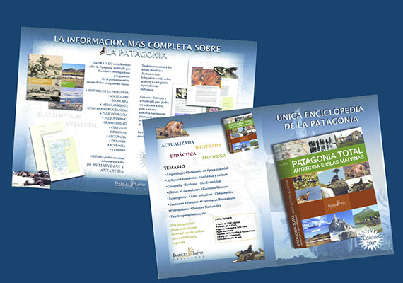 Diseño y diagramación de folleto para promocionar el libro Patagonia Total, Antártida e Islas Malvinas, para editorial BarcelBaires.