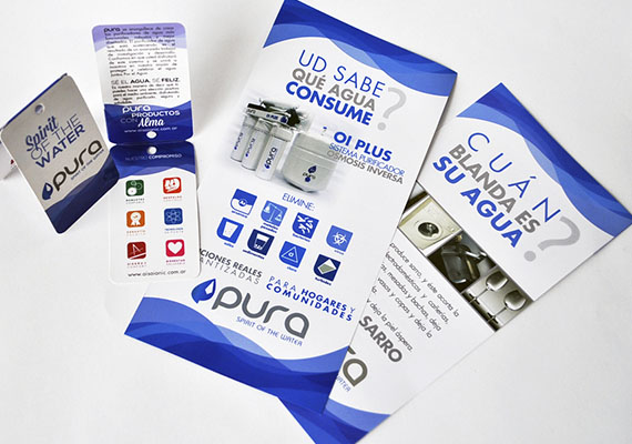 Desarrollo de folletería (flyers de los diferentes productos, tags) para Pura Spirit of the Water.