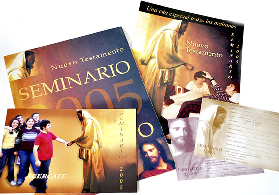 Conjunto de afiche, folleto, carpeta y fichas inscripción para curso de religión Sistema Educativo de la Iglesia, La Iglesia de Jesucristo de los Santos de los Últimos Días.